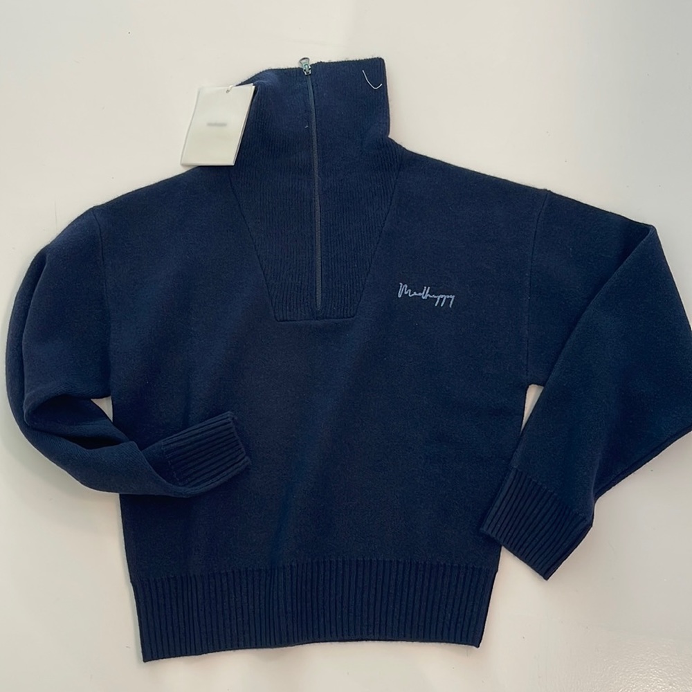 Mad Happy navy EMBROIDERED CASHMERE BLEND QUARTER ZIP